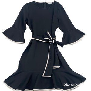 New York & Co Womens Size M Dress Black White Ruffle Belted A-Line